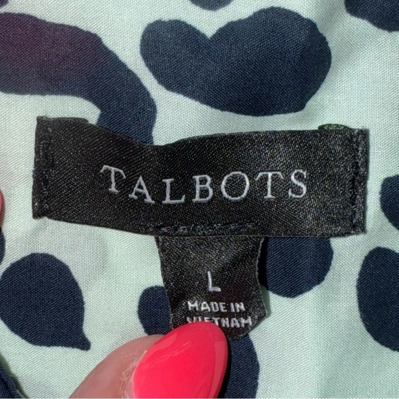 TALBOTS CLASSIC COTTON SHIRT - GRAPHIC CHEETAH Women’s Large - Mint Green/Navy - Picture 14 of 15